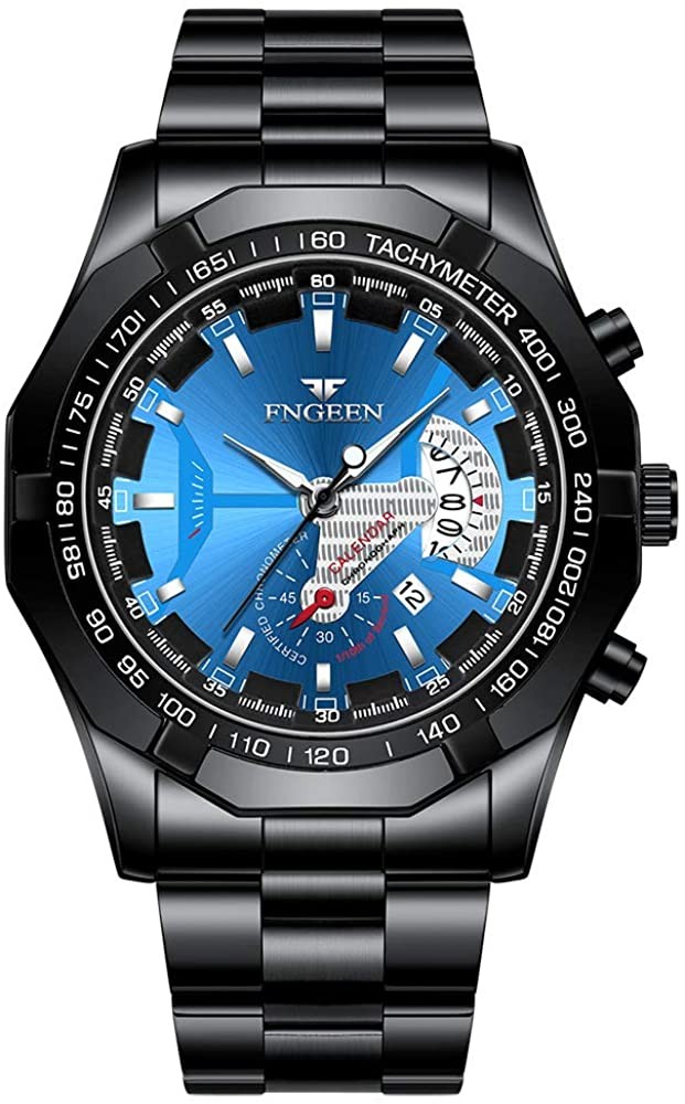 Finzun S001 Men's Waterproof Wristwatch Calendar Watch (Black Steel Blue Face)   Finzun S001 男士防水腕表日历手表  非機械（黑钢蓝表面）
